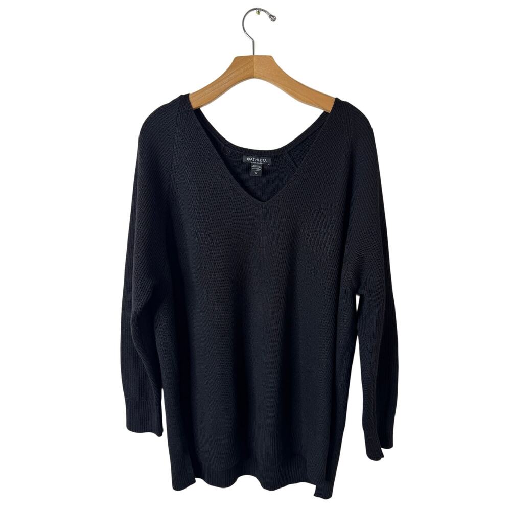 Athleta 1X Black Hanover Refined V-Neck Sweater Merino Wool Chunky Knit Relaxed